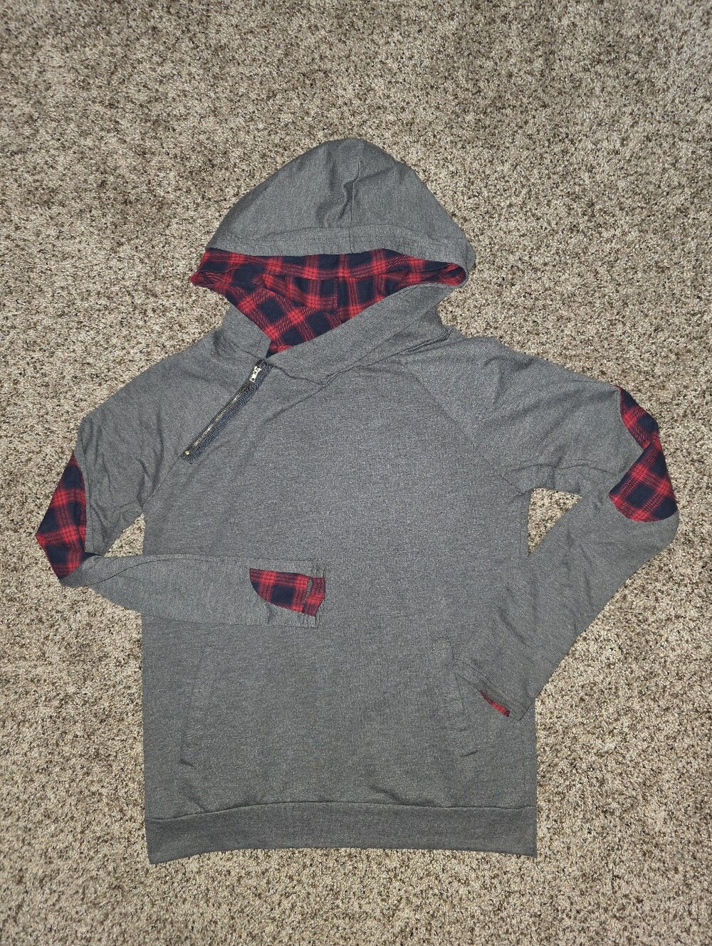 SOTO LIFESTYLE Gray Double Hoodie w/ Red & Navy Blue Plaid Small **FREE GIFT**